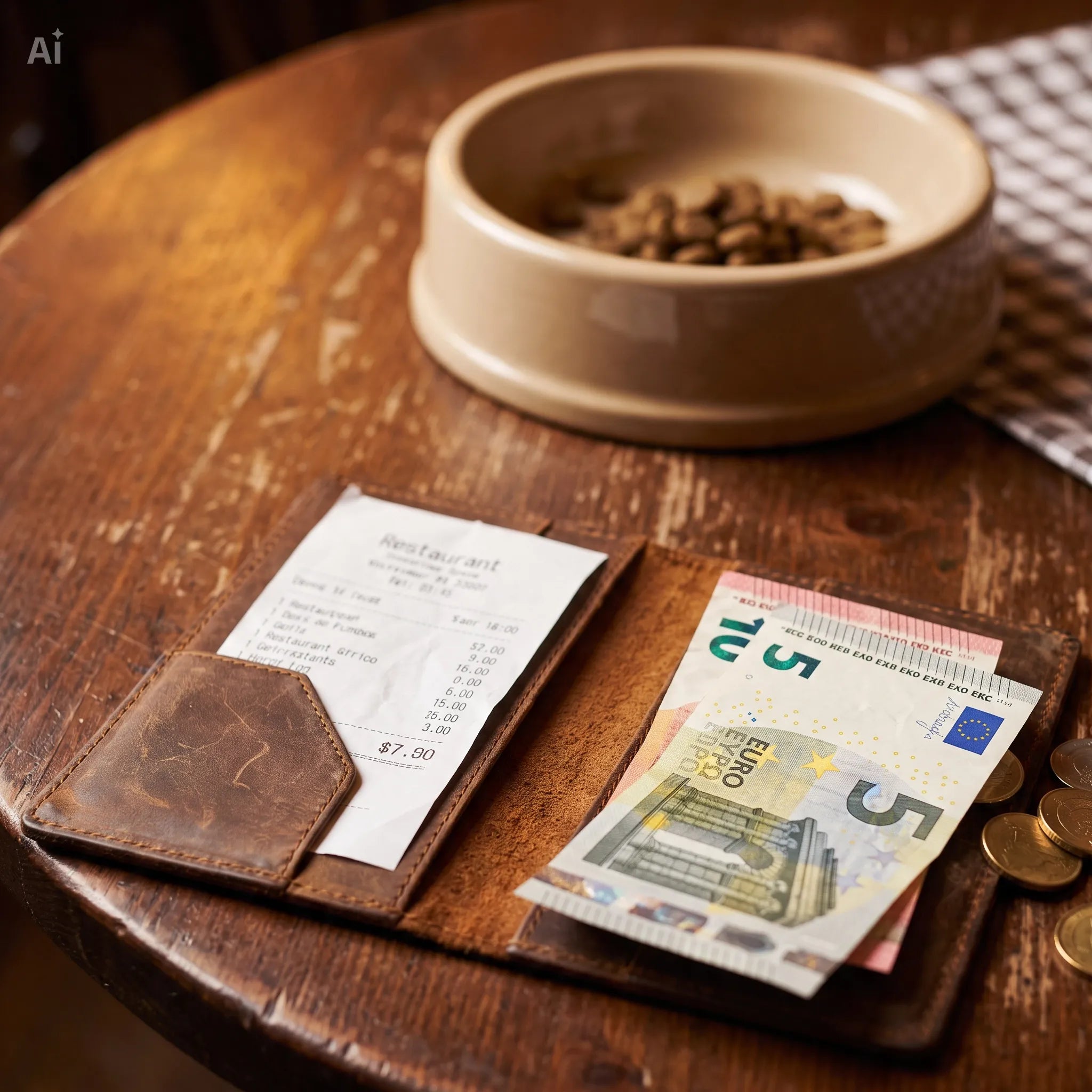 Bacșiș de 5€ pe o notă de restaurant, alături de un bol simplu pentru câine